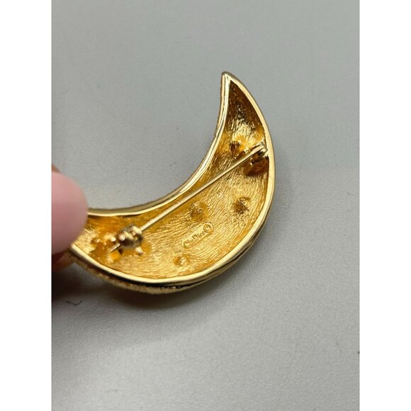 Vintage Christian Dior Moon Brooch Textured Gold Tone Crystals Crescent Moon - Picture 6 of 7